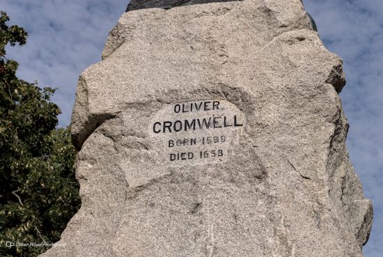 The stone plynth of the Oliver Cromwell statue in Wythenshawe park, Manchester.